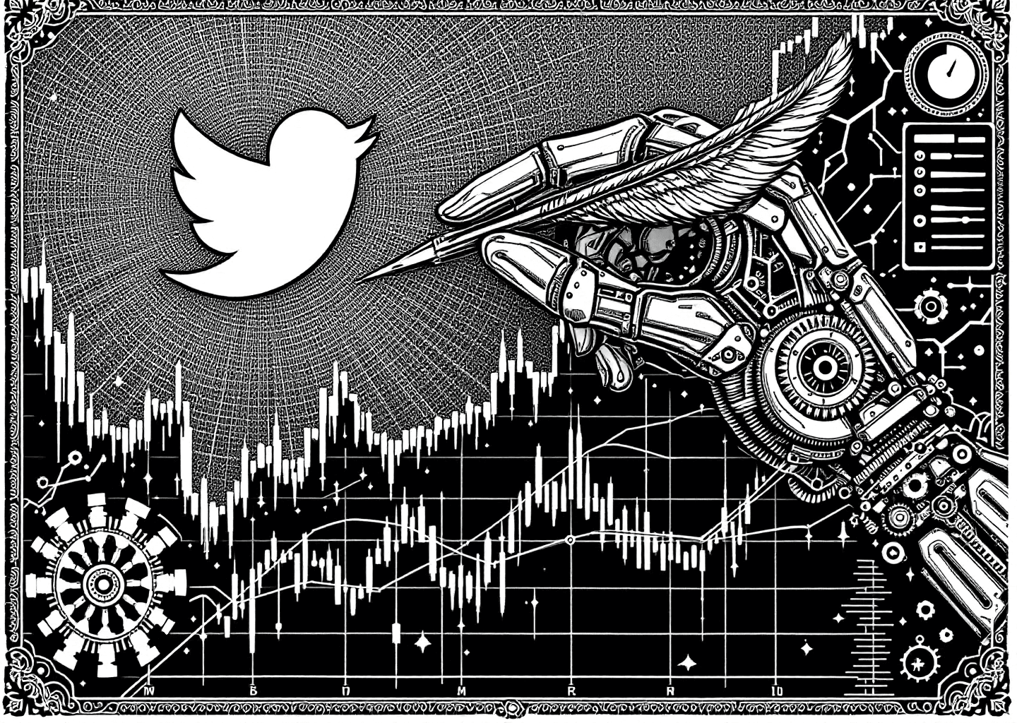 A Victorian engraving style illustration. A robotic hand, intricately detailed with gears and filigree, is writing on a classic Twitter bird icon with a quill. In the background, an upward-trending stock chart is etched into a digital, neural network pattern. The scene is framed by a subtle user interface dashboard element.