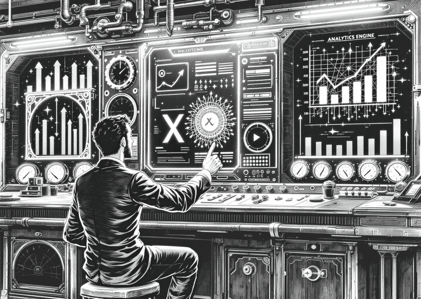 Victorian engraving style illustration of a figure at a complex, brass-and-wood control panel labeled 'X Analytics Engine'. The dashboard has glowing dials, charts with upward arrows, and a central screen displaying the X logo surrounded by neural network patterns. The figure is pointing at a key insight on the screen. Intricate gears and pipes connect the different parts of the machine.