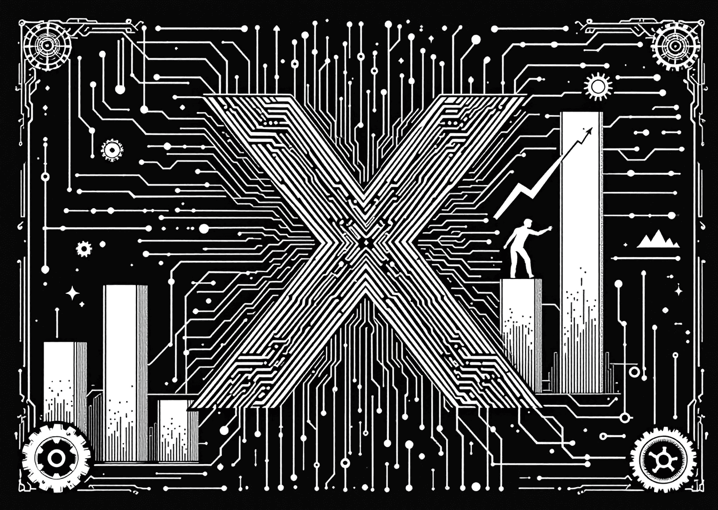 A Victorian engraving style illustration. A central, stylized 'X' logo made of intricate circuits. From the X, lines of data and neural patterns flow outwards towards upward-trending bar charts and graphs. A silhouette figure is seen climbing one of the charts. In the background, subtle gear and wrench motifs are integrated into the filigree, representing 'tools'.