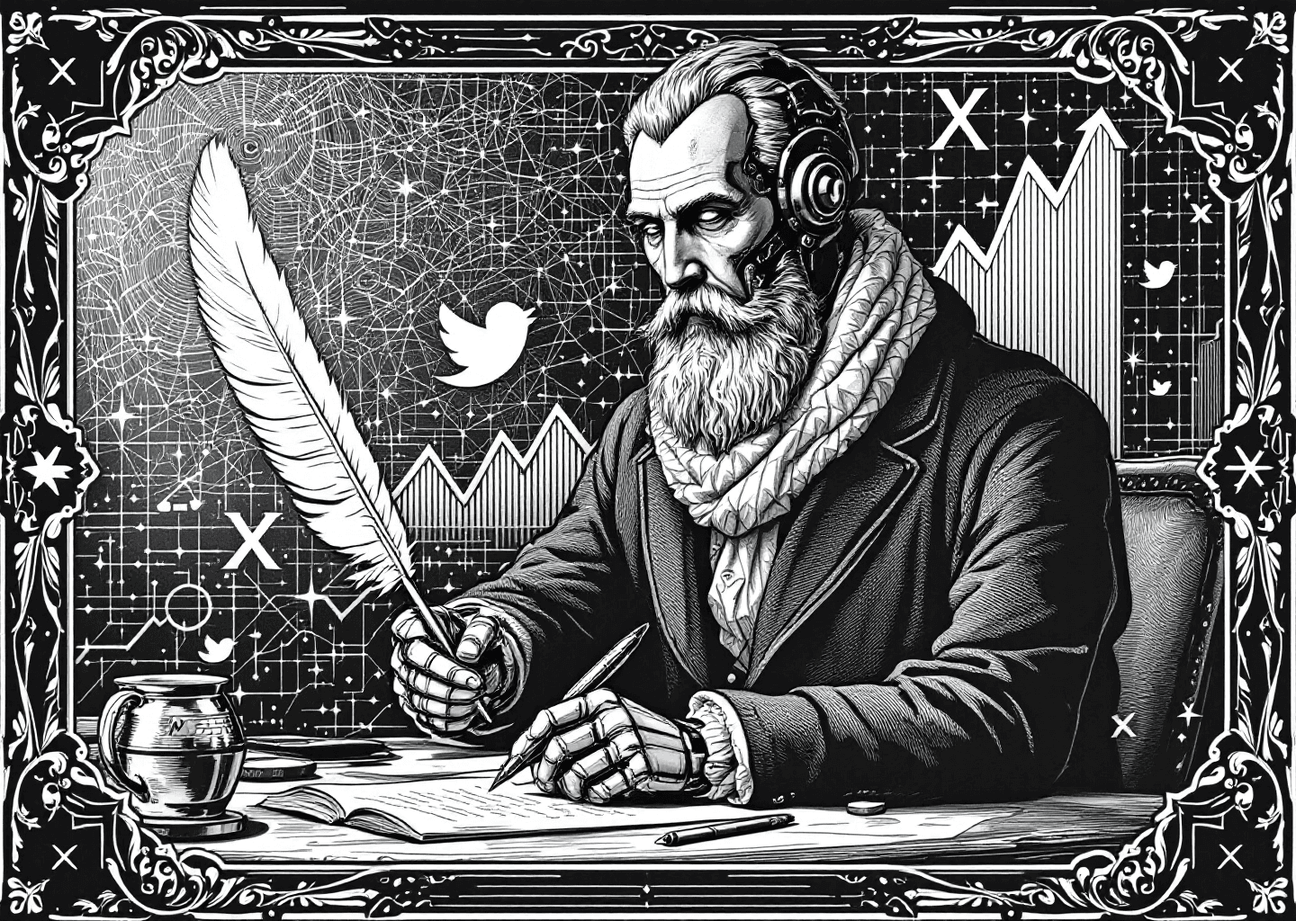 Victorian engraving style illustration of a figure at a writer's desk. A robotic arm offers a quill pen. In the background, a digital neural network pattern merges with a stock market-style upward growth chart. Faintly etched X/Twitter bird logos and notification bells are visible in the ornate border. Monochromatic, high detail.