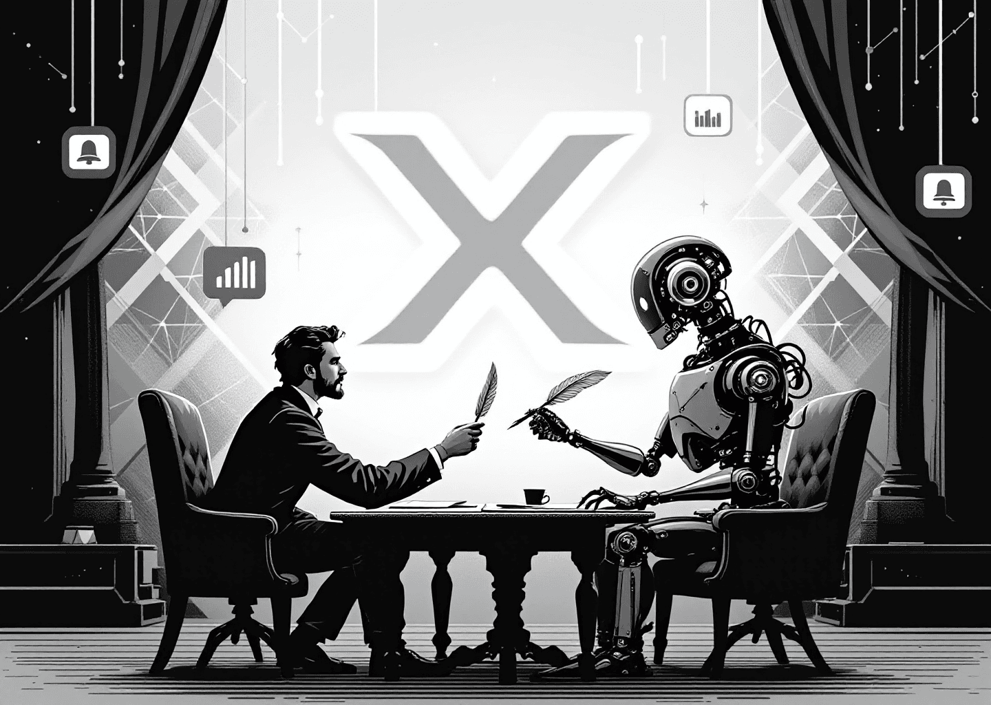 A Victorian engraving illustration of a human figure and a clockwork automaton sitting at desks facing each other. The human is handing a quill pen to the robot. In the background, a large 'X' logo is integrated into a neural network pattern with upward-trending charts and notification bell icons floating around.