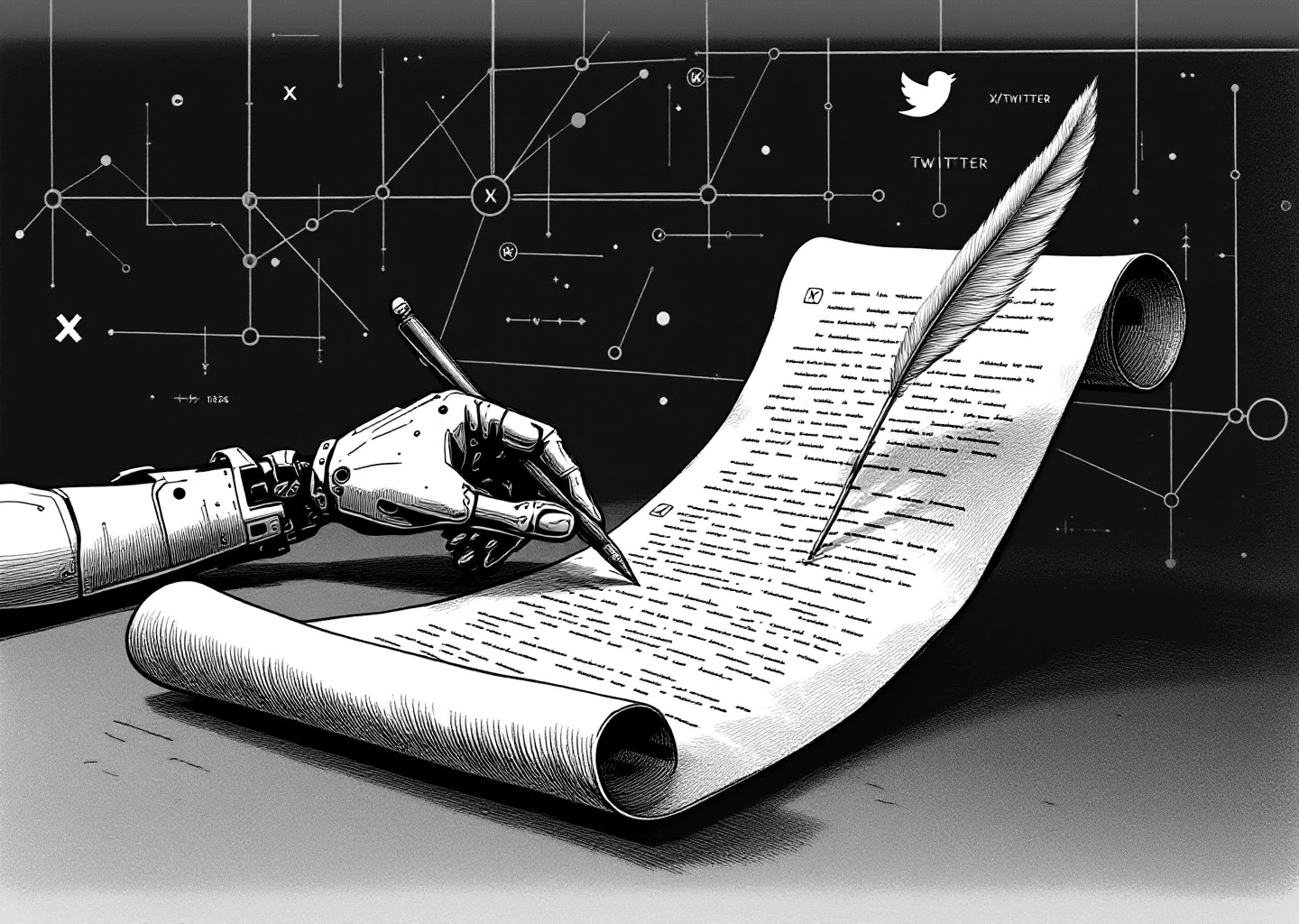 Victorian engraving style illustration of a robotic hand writing with a quill on a long scroll resembling a social media feed. In the background, subtle elements of the X/Twitter logo, neural network patterns, and an upward trending graph are visible. The style is detailed, monochrome, with a sense of intellectual precision.