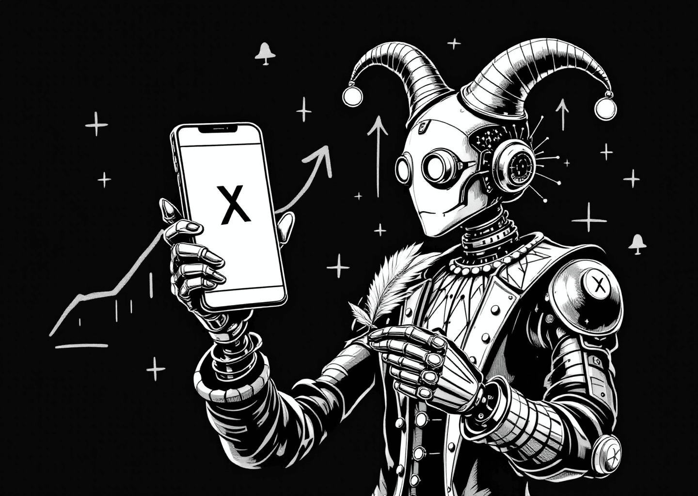 Victorian engraving style illustration of a sophisticated robot jester holding a quill pen and a smartphone displaying the X logo. The robot has a subtle neural network pattern on its metallic head. In the background, faint chalk-style graphs show upward engagement arrows and notification bell icons. The overall tone is witty and intelligent.