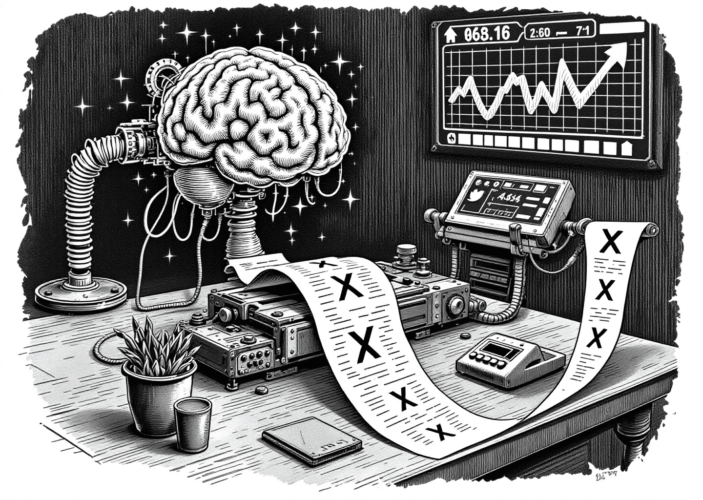 A Victorian engraving style illustration of a startup founder's desk. On the desk sits a mechanical brain with glowing neural patterns, connected by wires to a printing press that is outputting a long scroll of paper marked with X/Twitter icons. In the background, a stock market ticker shows a chart with a sharply upward arrow. The style is intricate, detailed, and monochromatic.