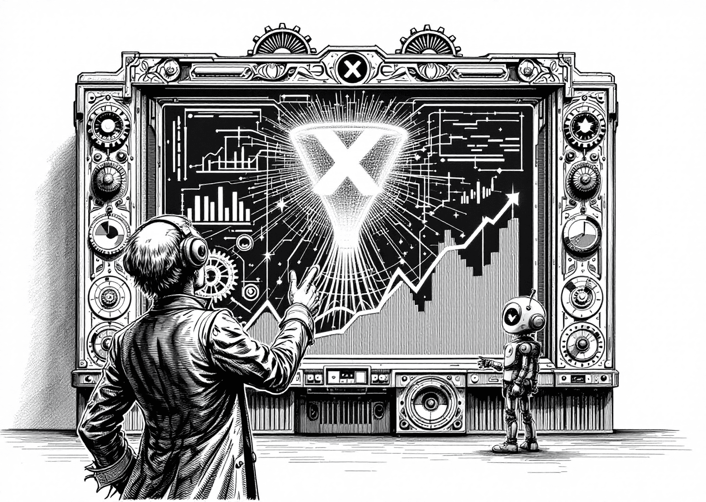 A Victorian-style engraving. A determined figure stands before a large, ornate dashboard filled with charts and gears. On the dashboard screen, a glowing X logo is visible, with lines of data flowing from it into a funnel shape. A subtle neural network pattern overlays the scene, and a small, stylized robot assistant points to an upward-trending graph. The overall mood is one of strategic command and technological advantage.