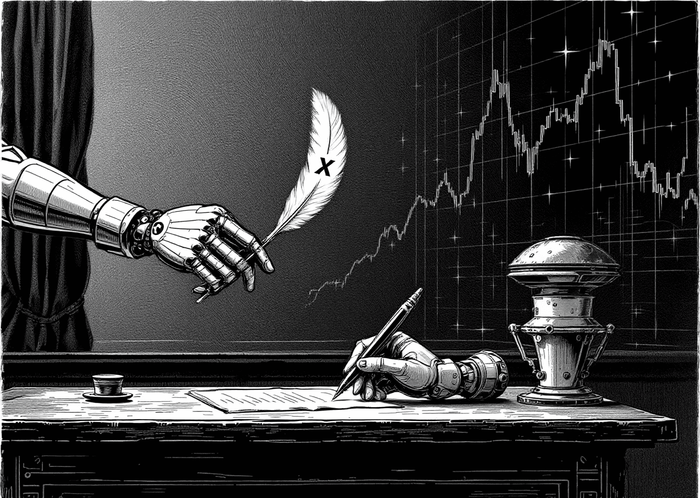 Victorian engraving style illustration of a figure at a desk. A robotic hand offers a quill pen with an X logo on it. In the background, a stock ticker chart trends upwards, with subtle neural network patterns overlaid. Clean, high-detail, black and white.