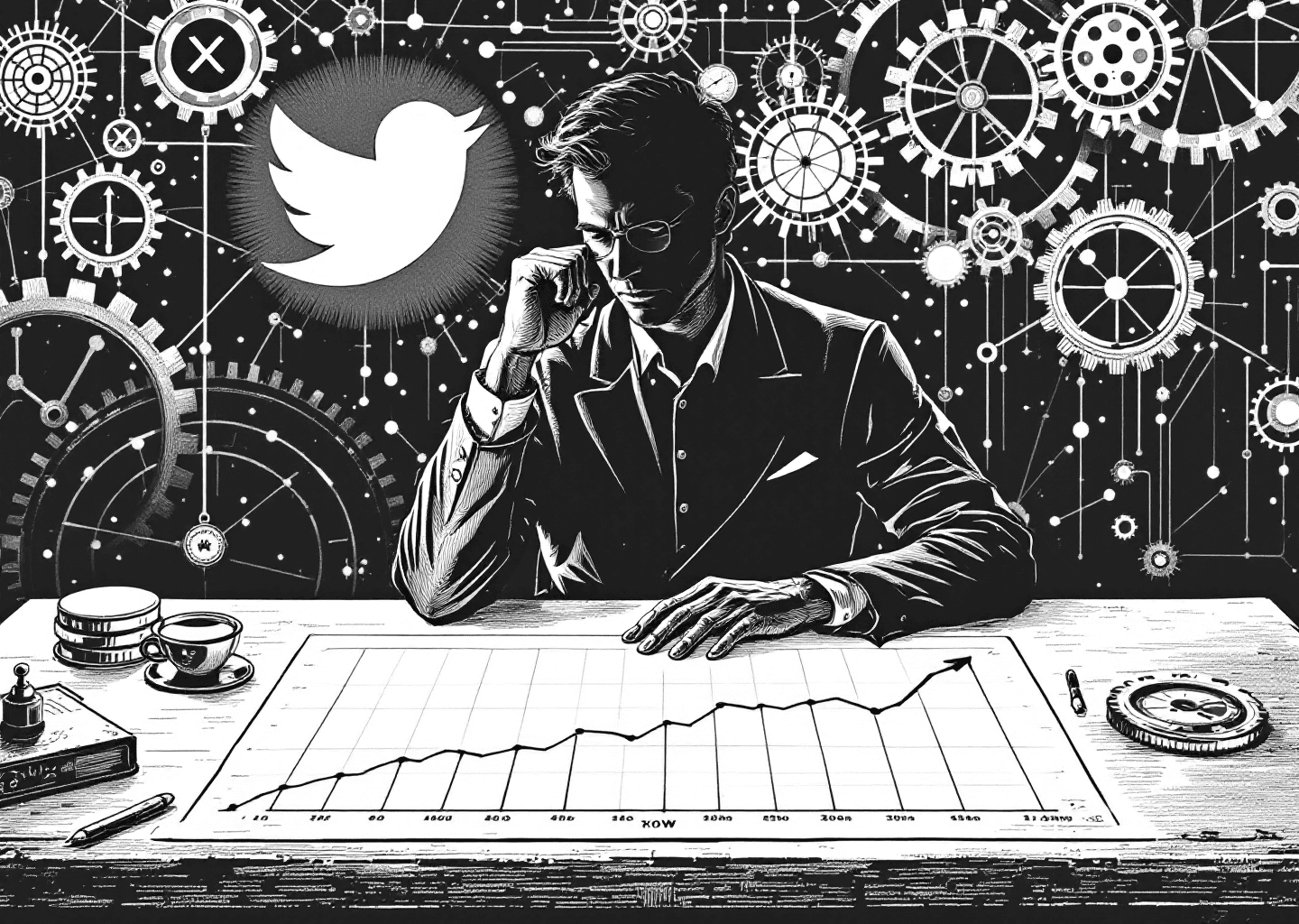 Victorian engraving style illustration. A thoughtful silhouette of a person at a desk. In the background, gears and clockwork mechanisms blend with glowing neural network patterns and X/Twitter bird logos. An upward-trending graph is subtly etched into the desk. The mood is one of intelligent, controlled progress.