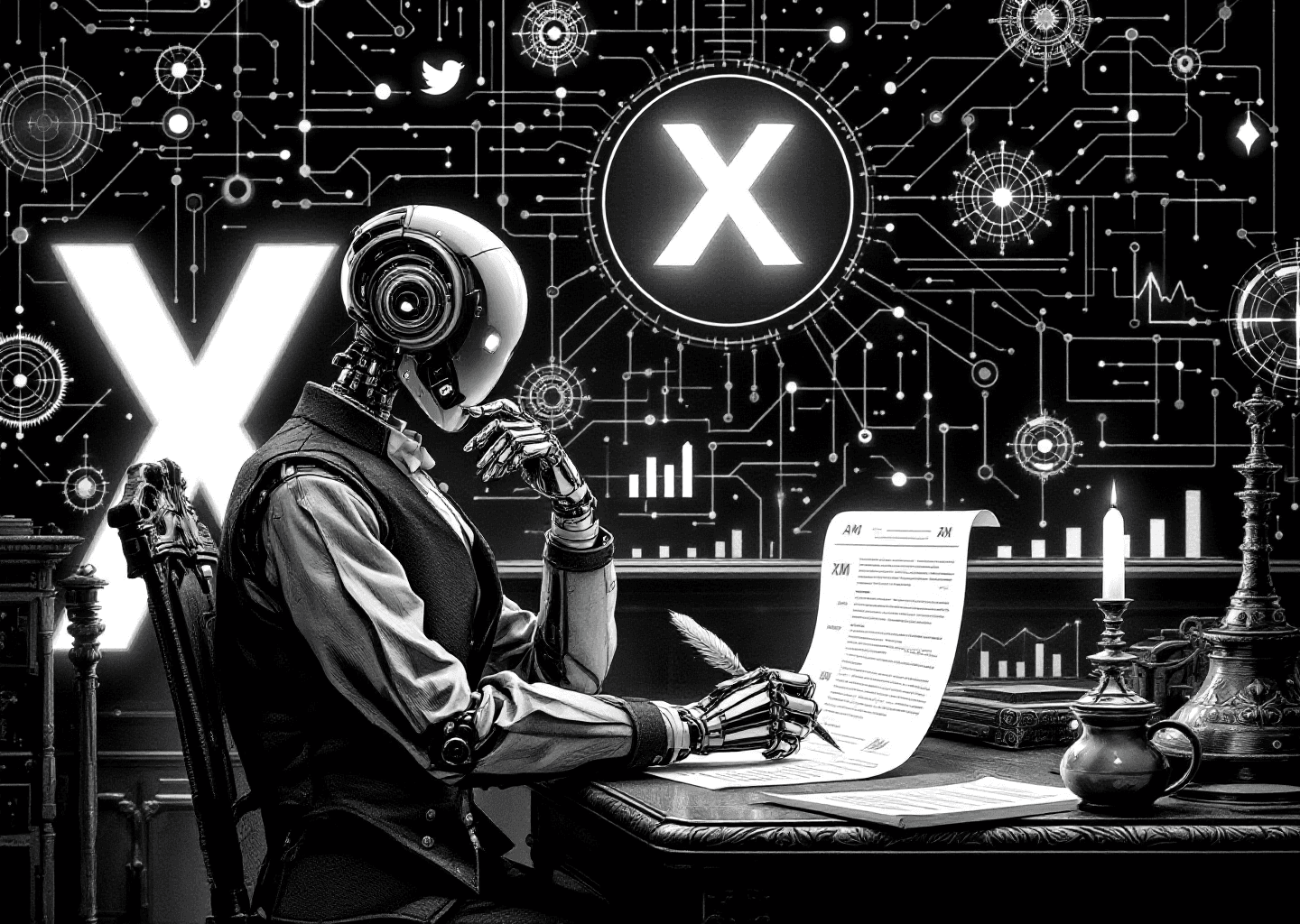 A Victorian engraving style illustration. A thoughtful robot in a waistcoat sits at an antique desk, using a futuristic quill to write on glowing digital scrolls that resemble a Twitter DM interface. In the background, a large 'X' logo is integrated into a complex network of neural patterns and upward-trending charts. The scene is detailed and technical, blending old-world craftsmanship with new-world AI.