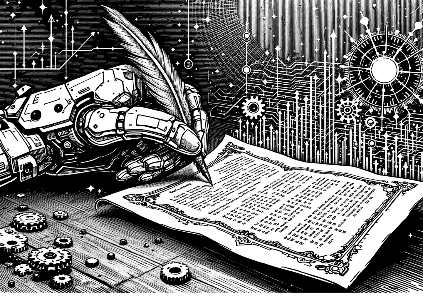 A Victorian engraving style illustration of a robotic hand writing with a quill on a long scroll resembling an X/Twitter feed. In the background, subtle elements like upward-trending charts, gears, and neural network patterns are visible. The style is detailed, monochromatic, and authoritative.