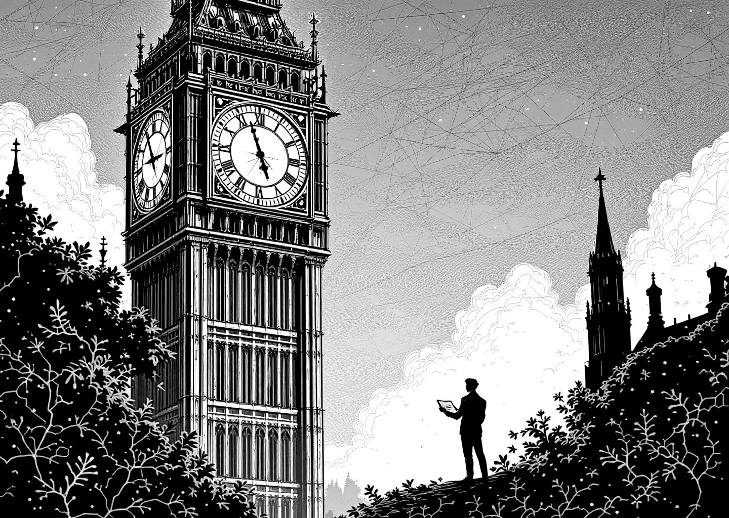 A Victorian engraving style illustration of a large, ornate clock tower. The clock face is replaced with a stylized X/Twitter feed timeline. At the base of the tower, a silhouette figure analyzes a glowing upward-trending chart. In the background, subtle neural network patterns are etched into the sky. The overall feel is one of precision, strategy, and growth.