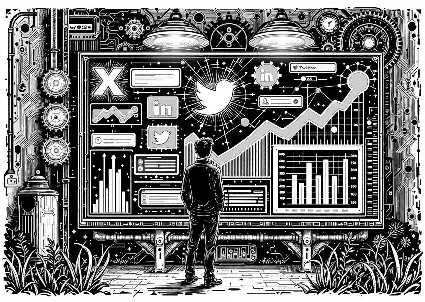 A Victorian engraving style illustration of a figure standing before a large, intricate dashboard. The dashboard features glowing X/Twitter logos, upward-trending charts, and mechanical gears. In the background, subtle neural network patterns are etched into the scene, symbolizing AI-powered automation for social media growth.