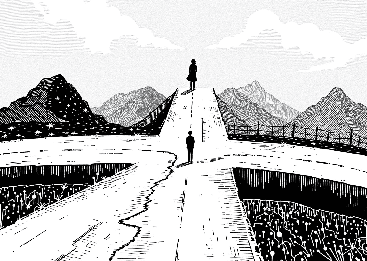 Victorian engraving style illustration of a figure standing at a crossroads with three paths, representing content pillars. Each path is adorned with symbols: one with an X/Twitter logo, another with an upward growth chart, and a third with subtle neural network patterns. The overall composition feels architectural and strategic, like a blueprint.