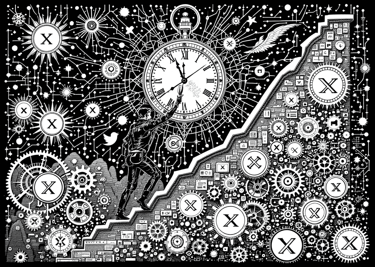A Victorian engraving style illustration of a figure climbing a steep, upward-trending chart composed of X/Twitter post elements. In the background, a large, intricate clock face intertwines with neural network patterns. The figure holds a quill, symbolizing content creation, while gears and robotic arms assist their climb, representing AI tools and automation. Subtle X logos are woven into the design.