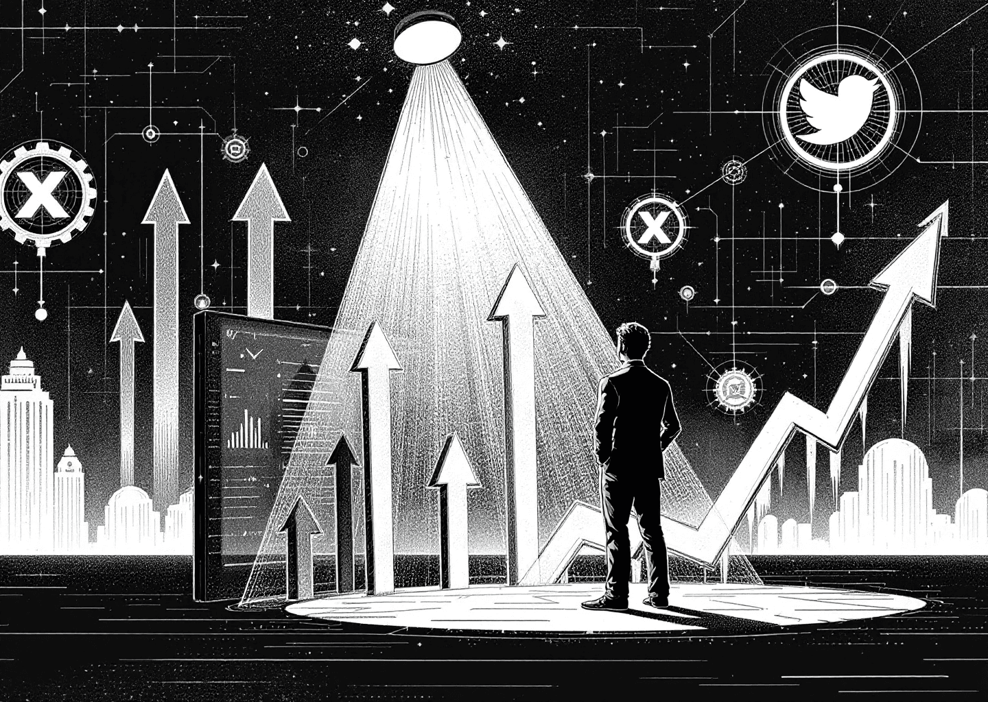 Victorian engraving style illustration. A lone figure, a solopreneur, stands at a control panel with glowing X/Twitter logos. Charts with upward arrows project from the panel. In the background, subtle neural patterns and gear motifs hint at AI-powered tools. The style is detailed, monochromatic with a single accent color, conveying precision and growth.
