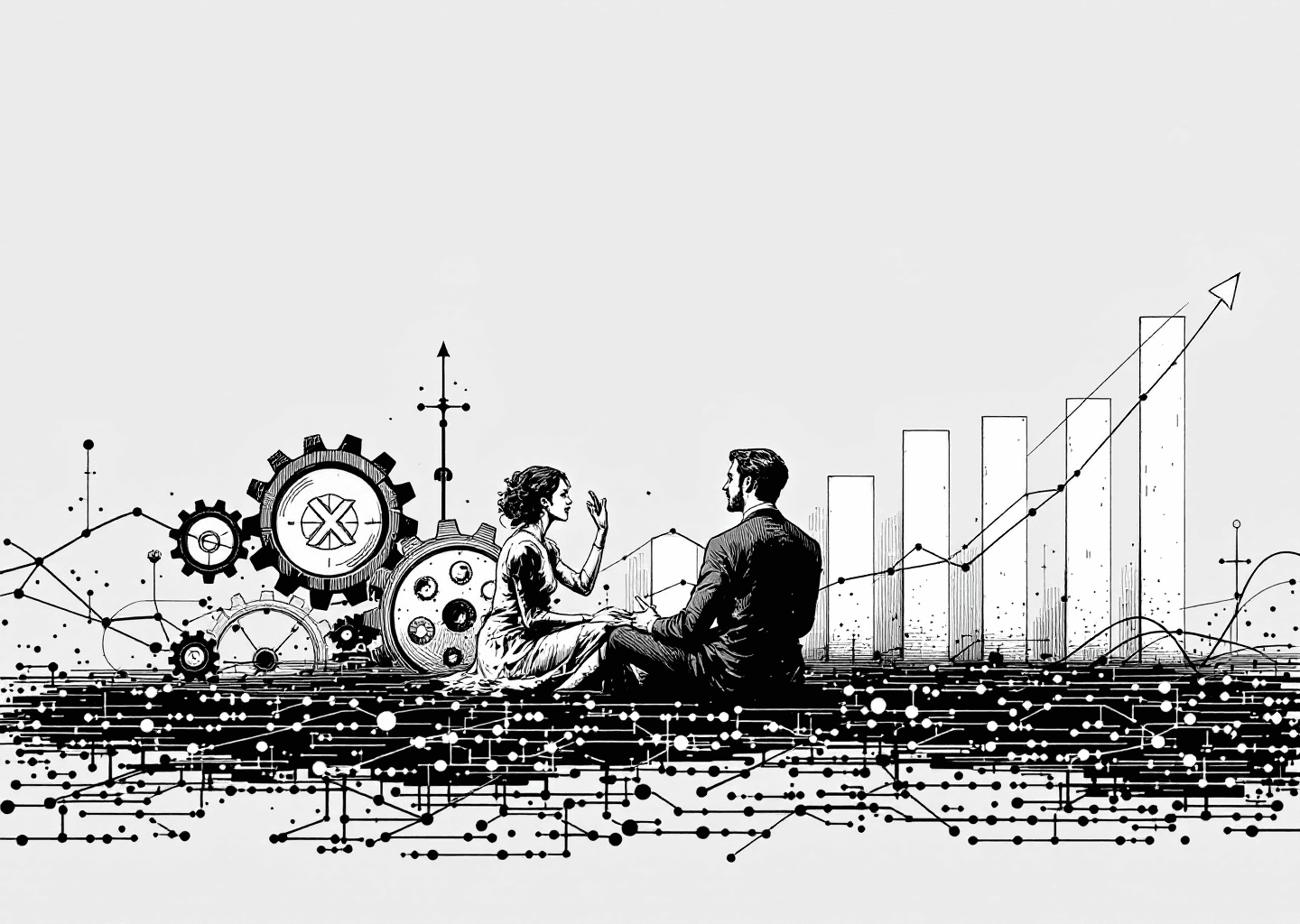 Victorian engraving style illustration of a person coaching another, with a large, stylized 'X' logo in the background. Gears and upward-trending charts are subtly integrated into the scene. A digital, neural network pattern overlays the bottom third of the image, representing AI. Monochromatic, high-detail.