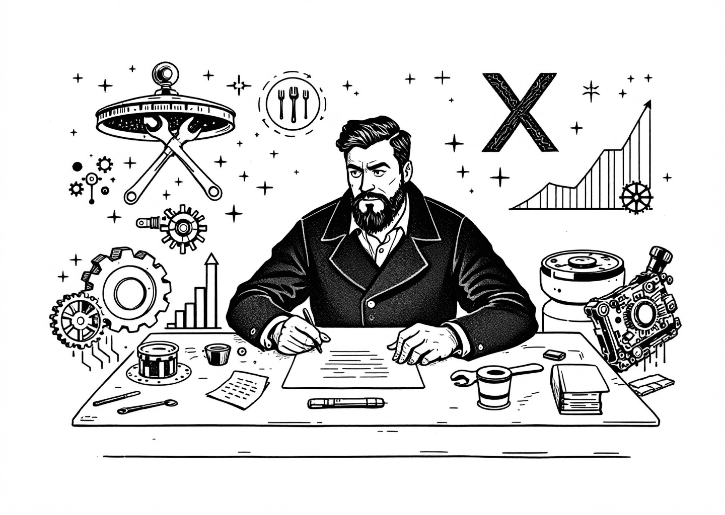 A Victorian engraving style illustration of a single determined figure (solopreneur) at a large desk. On the desk are mechanical tools like gears and a wrench, intertwined with glowing digital elements like a neural network pattern and an upward-trending chart. In the background, a faint X logo is visible, composed of clockwork and circuits. The overall tone is one of focused, intelligent effort and growth.