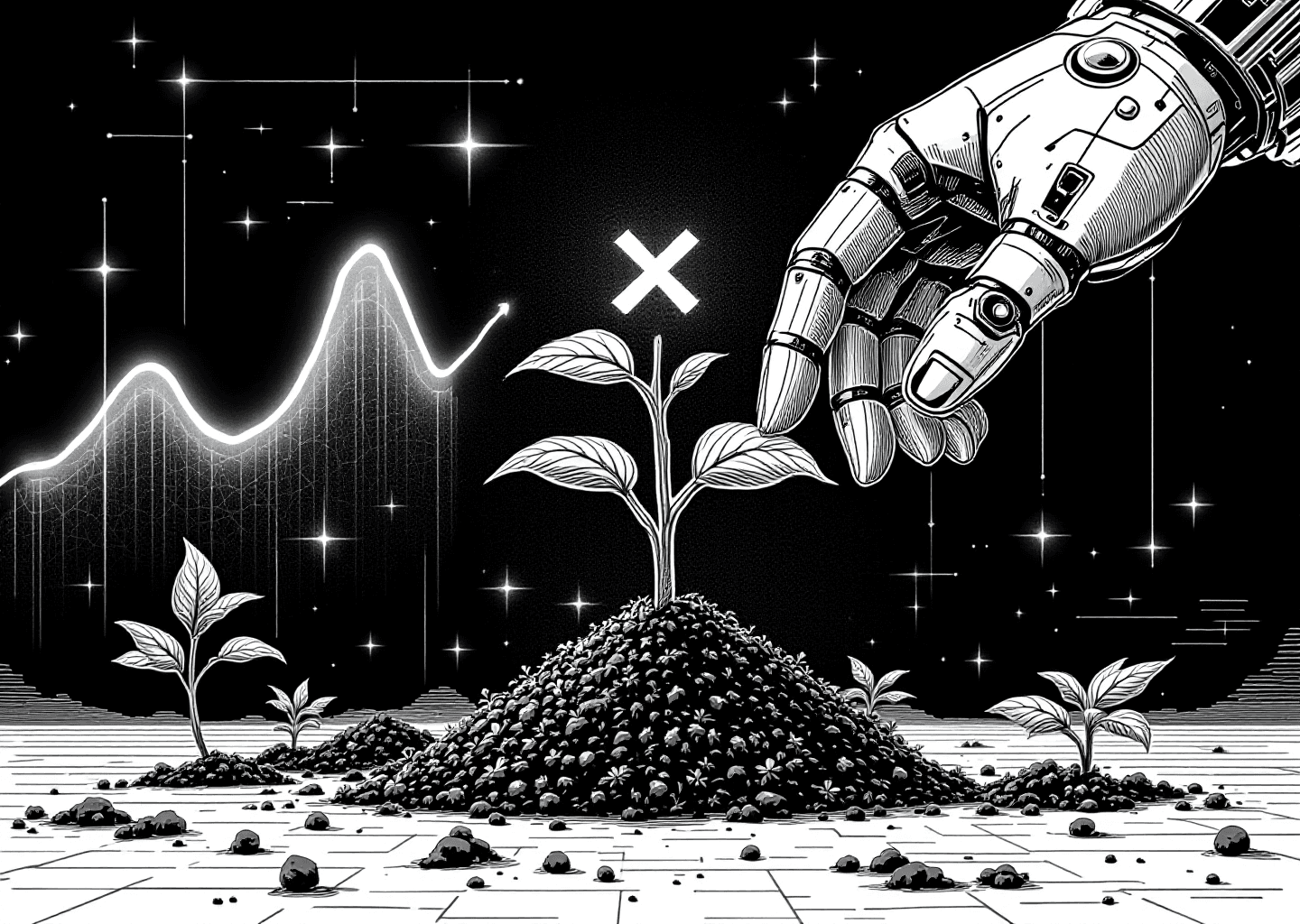 A Victorian engraving style illustration of a robotic hand meticulously tending to a small, thriving plant shaped like the X logo. In the background, faint glowing lines form a neural network pattern and upward-trending charts, symbolizing AI-driven growth on the platform. The style is detailed, monochromatic, and sophisticated.