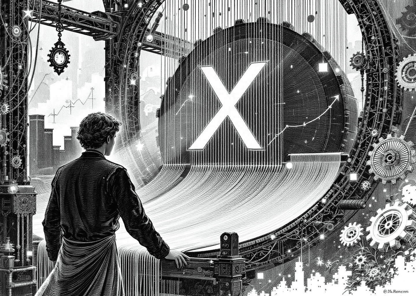 A Victorian engraving style illustration. A figure stands before a large, intricate loom weaving a digital timeline. The threads are data streams forming an X logo. In the background, upward-trending charts and subtle gear icons are etched into the scene, symbolizing growth and automated tools.