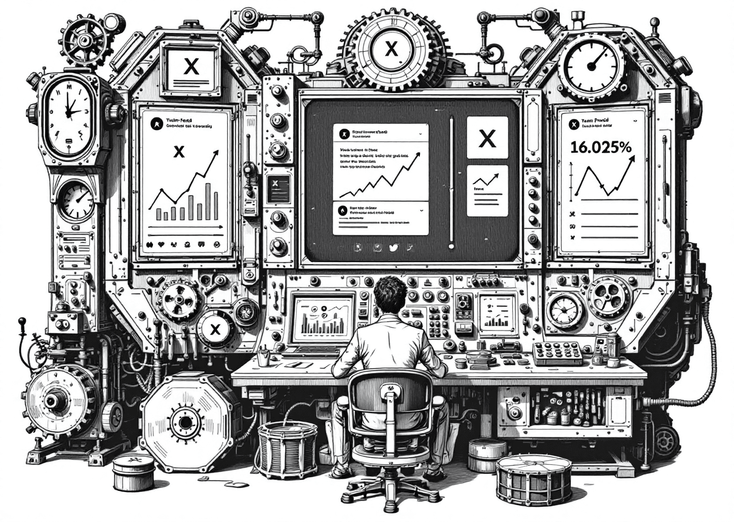 A Victorian engraving style illustration depicting a figure at a large, ornate control panel with gears and levers. The main screen shows an X/Twitter style feed. Upward-trending charts and small X logos are subtly integrated into the machinery's design. The style is detailed, monochromatic, and technical, symbolizing the precise control over social media growth.
