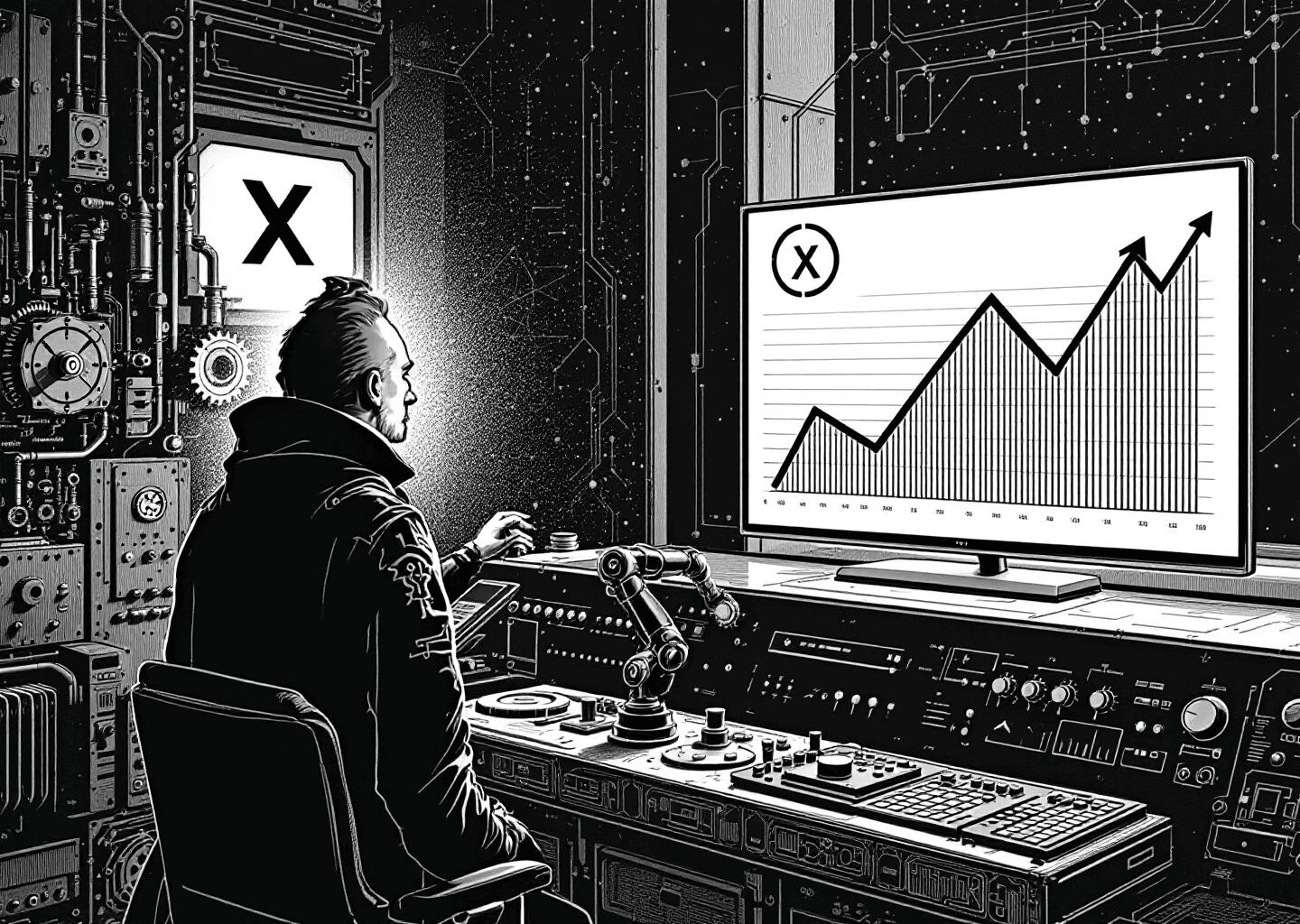 A Victorian-era engraving illustration. A central figure stands at a complex control panel with gears and levers, looking overwhelmed. To the side, a sleek, minimalist dashboard displays a clear upward-trending graph and an elegant 'X' logo. In the background, subtle neural network patterns blend with the engraved lines, symbolizing the transition from complex manual tools to streamlined AI-powered growth. A single robotic arm polishes the 'X' logo.