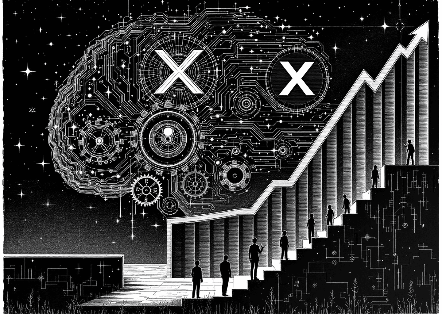 A Victorian engraving style illustration. A stylized human brain with glowing neural networks is connected to a classic X logo icon via intricate clockwork gears. In the background, an upward-trending stock chart is subtly etched, with small silhouette figures climbing it. The overall aesthetic is a blend of antique technical drawing and futuristic AI concepts.