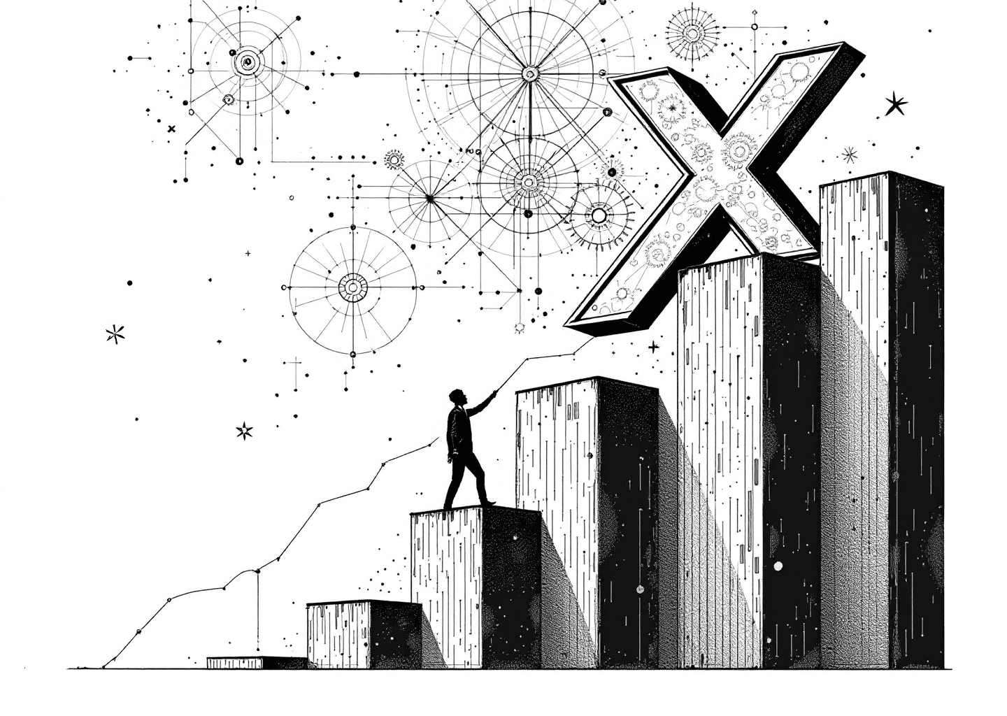 A Victorian engraving style illustration. A central, prominent 'X' logo made of intricate gears. A silhouette figure is climbing a steep upward-trending bar chart next to it. In the background, subtle neural network patterns and abstract dashboard UI elements are etched. The overall mood is one of intellectual progress and strategic growth.