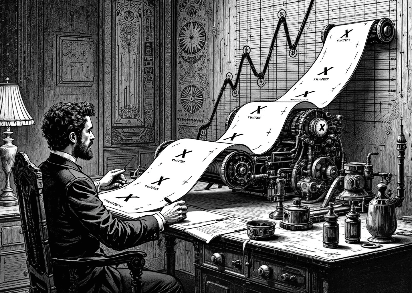 A Victorian engraving style illustration depicting a writer at a desk. On the desk, a mechanical contraption with gears and levers is producing a long scroll of paper printed with X/Twitter post icons. In the background, a large upward-trending graph is visible, and subtle neural network patterns are etched into the walls. The overall mood is one of industrious, intelligent creation.