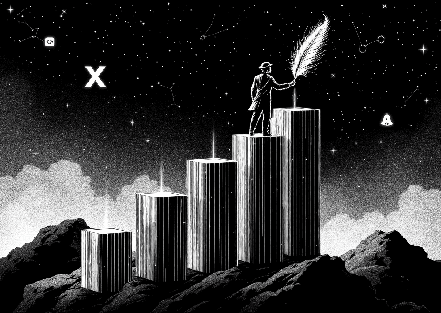 Victorian engraving style illustration. A central figure stands atop a rising bar chart graph made of glowing, digital lines. In the background, stylized X logos and notification bell icons float like constellations in a dark sky. The figure holds a classic quill pen, but its tip is connected to a subtle, glowing neural network pattern, blending old-world creation with new-world AI.