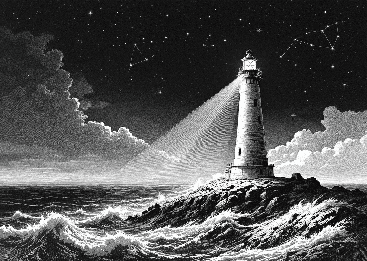 A Victorian engraving style illustration of a single, prominent lighthouse casting a powerful beam of light across a stormy sea. In the sky, faint constellations form the shape of the X logo and upward-trending charts. The style is detailed, with fine lines and cross-hatching, conveying a sense of authority and guidance amidst chaos.