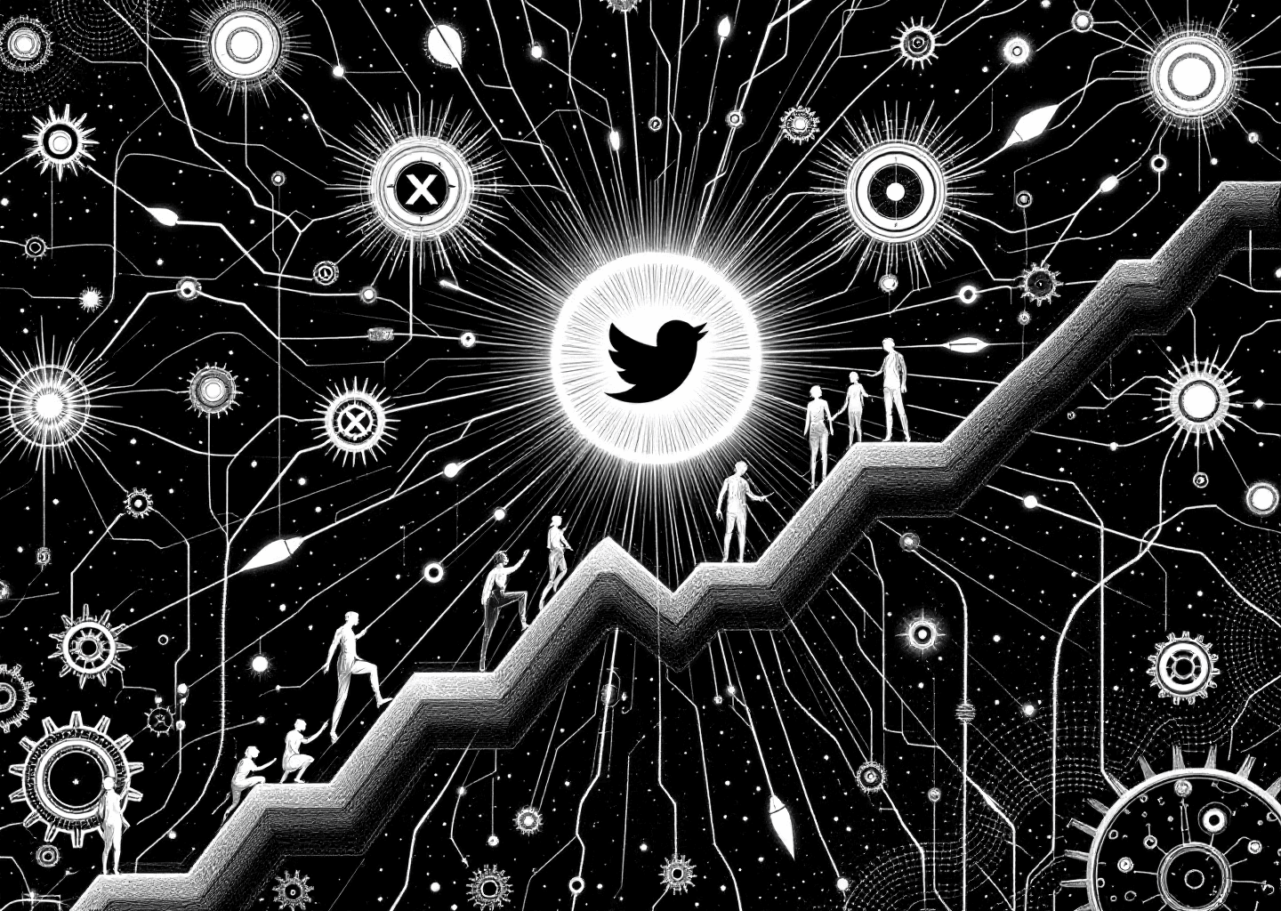 A Victorian engraving illustration of a central, glowing X/Twitter logo. From the logo, intricate threads of light connect to a diverse group of silhouette figures, symbolizing a community. Some figures are climbing upward-pointing arrows, while others interact on a stylized timeline. Gears and neural patterns are subtly integrated into the background, representing the tools and AI behind the growth.