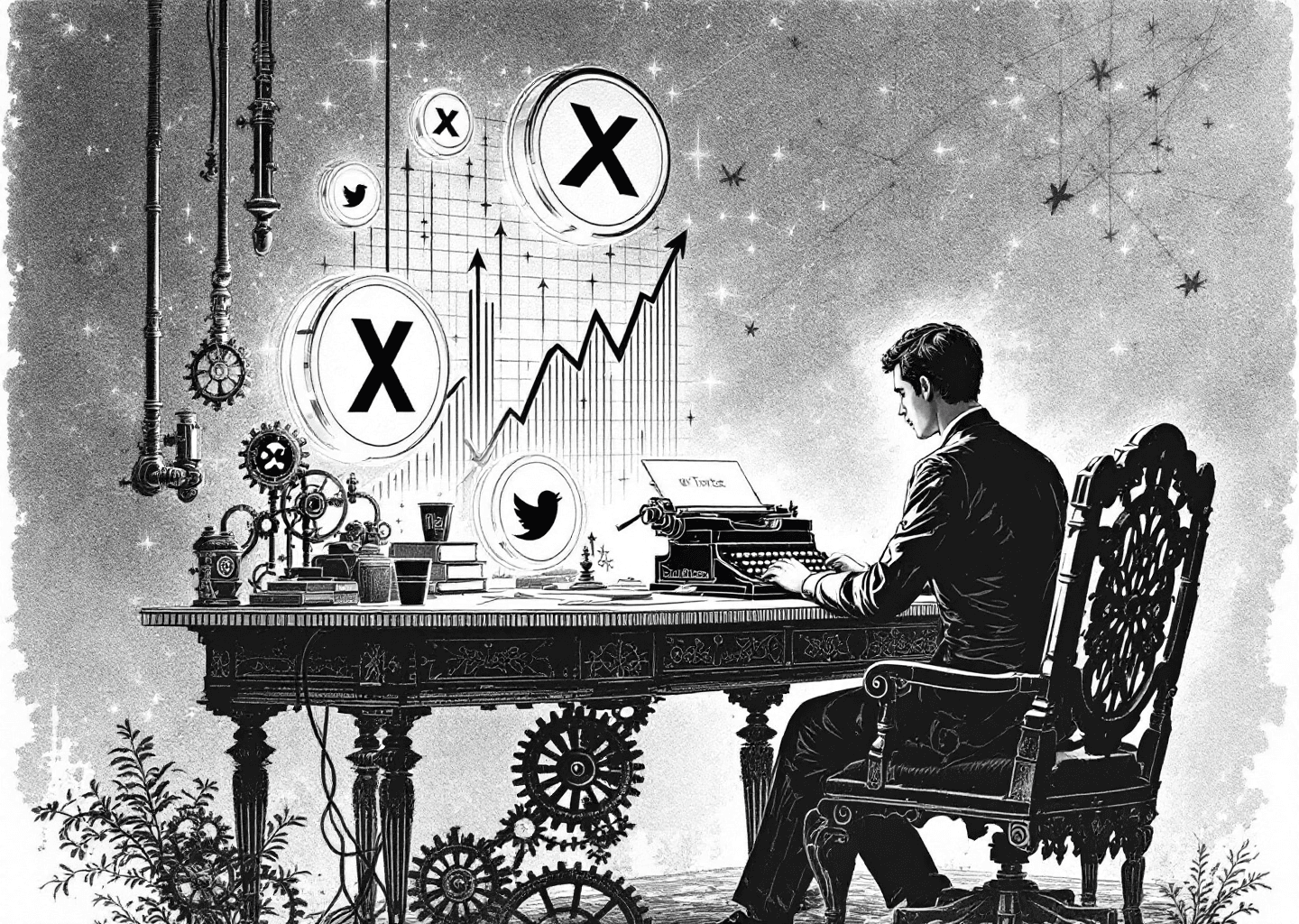 Victorian engraving style illustration of a figure at a large, ornate desk. The desk has intricate gears and pipes connecting a typewriter to a series of glowing X/Twitter logos and upward-trending charts. A subtle neural network pattern is etched into the background. The mood is one of focused, systematic creation and growth.