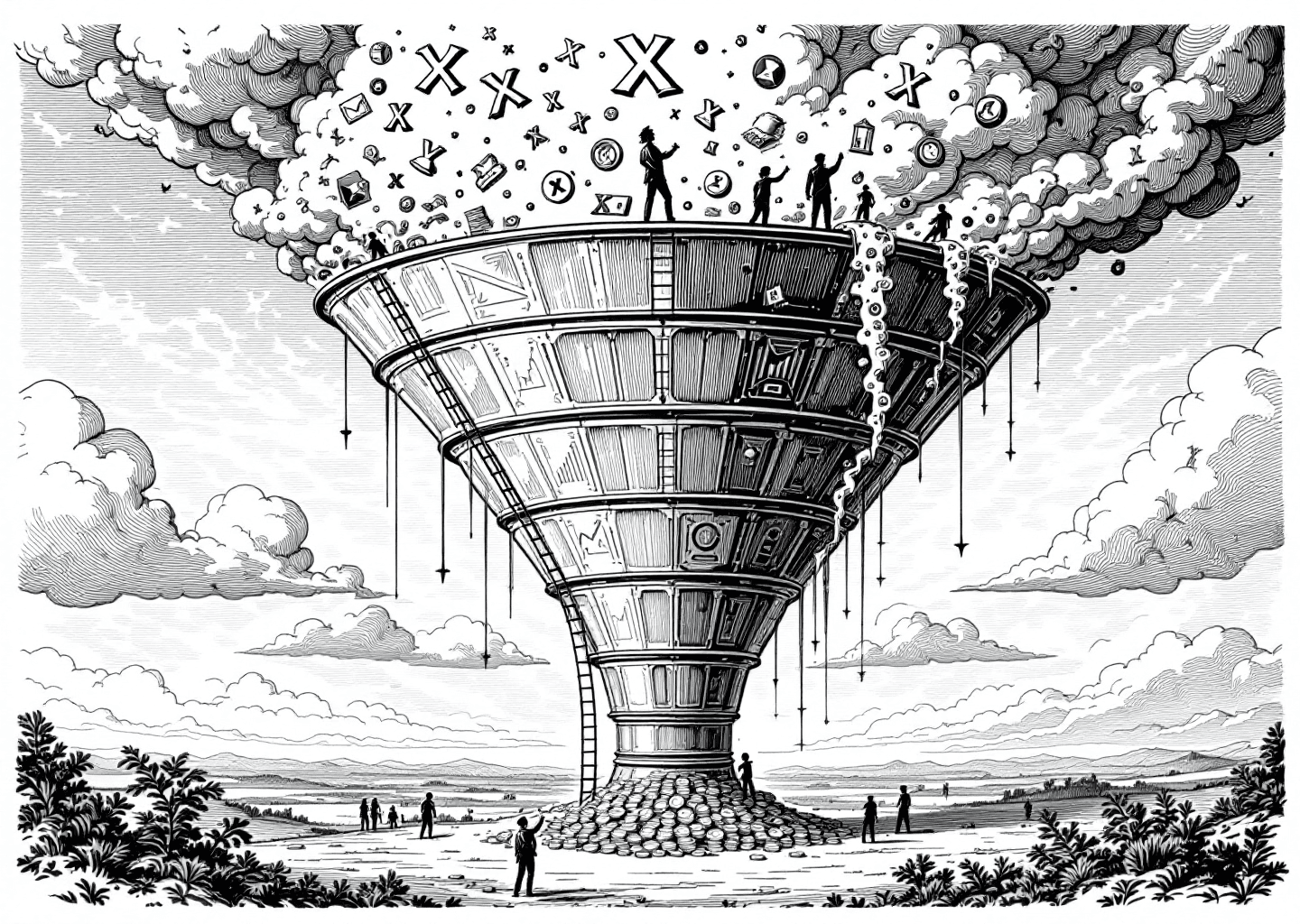 Victorian engraving style illustration of a large, ornate multi-stage funnel. At the wide top, small 'X' logos and notification bell icons are being poured in from the clouds. The funnel narrows through distinct stages, with silhouettes of people interacting and climbing ladders inside. At the narrow bottom, a single, clear stream of coins and upward-trending charts emerges into a clean, modern landscape. The background has subtle, intricate neural network patterns etched into the sky.