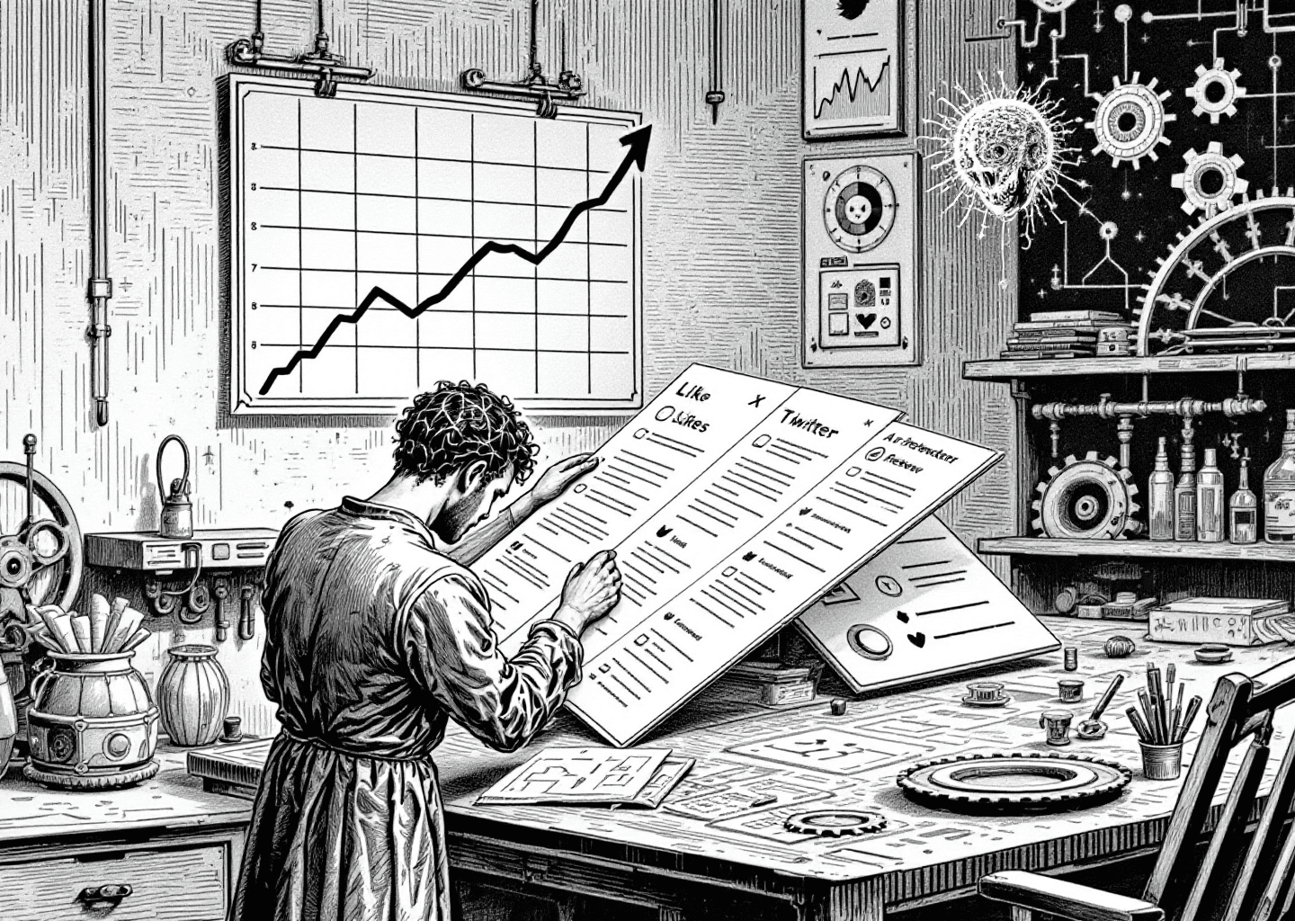 A Victorian engraving style illustration showing a figure assembling a series of panels, like a carousel, on a workshop table. The panels contain X/Twitter UI elements like likes and retweets. In the background, an upward-trending chart is etched on the wall, and subtle neural patterns emanate from the figure's head, suggesting AI assistance. Gears and schematics are scattered around.
