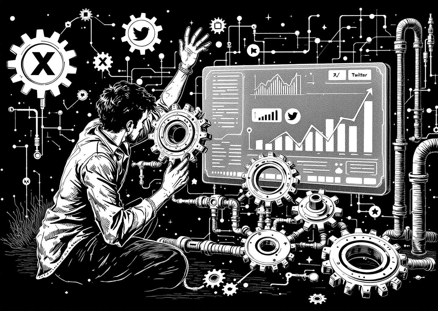A Victorian engraving style illustration of a figure assembling a complex infographic chart made of gears and pipes. In the background, a digital interface with X/Twitter logos and upward-trending graphs is visible. A subtle neural network pattern overlays the scene, suggesting AI-assistance. The style is detailed, monochrome with a single accent color.