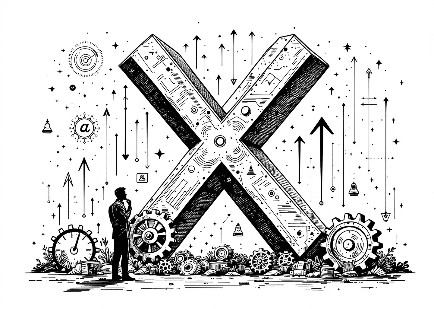 Victorian engraving style illustration. A central, stylized 'X' logo is being constructed with gears and levers by a thoughtful figure in silhouette. From the 'X', upward-trending arrows and data charts emerge. In the background, faint neural patterns and notification bell icons are etched, symbolizing AI and engagement.
