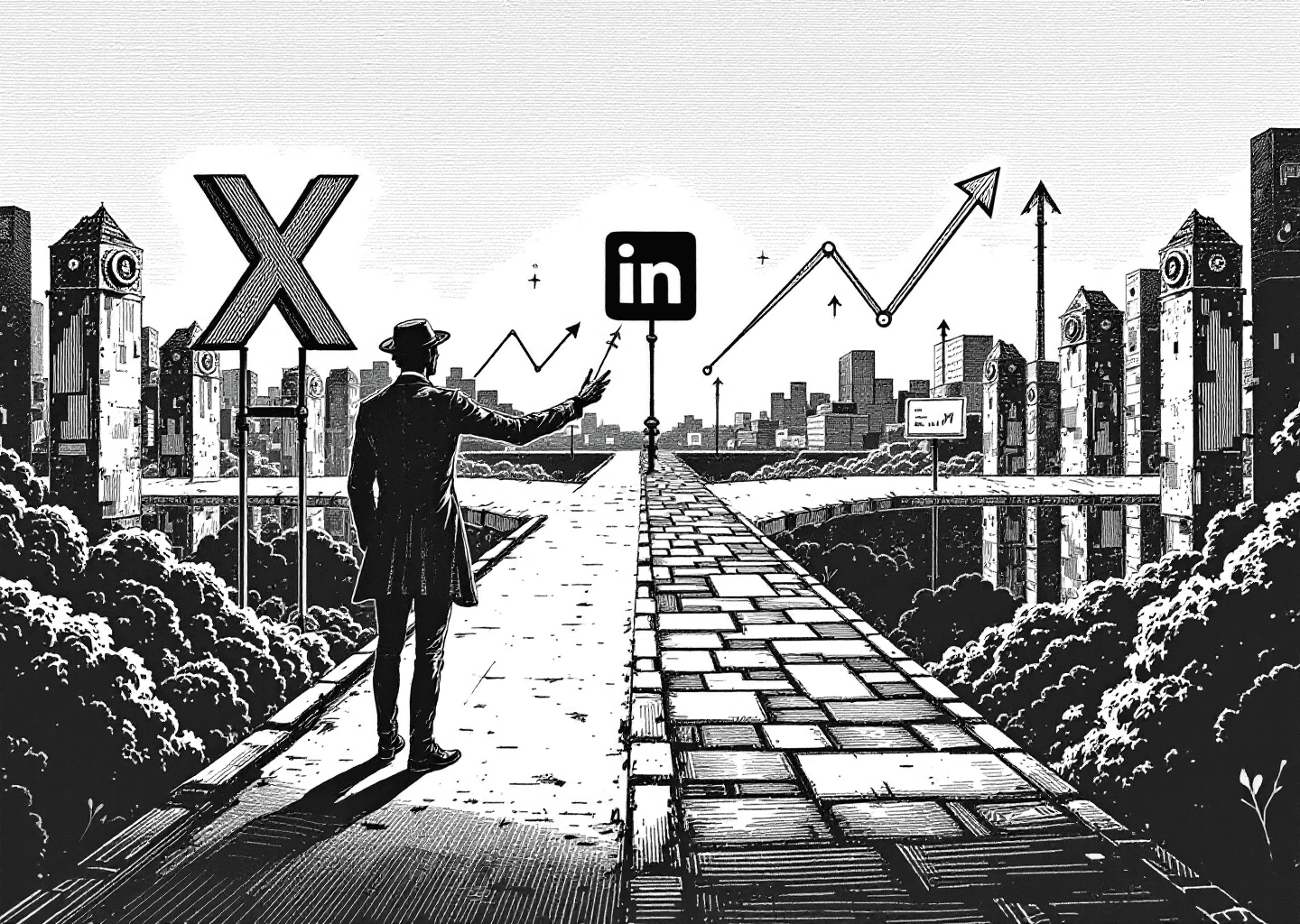 Victorian engraving style illustration of a figure standing at a crossroads. One path leads to a large 'X' logo, the other to a LinkedIn 'in' logo. The figure is using a complex machine with gears and pipes (representing a tool) to send messages down both paths simultaneously. Arrows show upward growth charts in the background. Black and white, intricate line work.