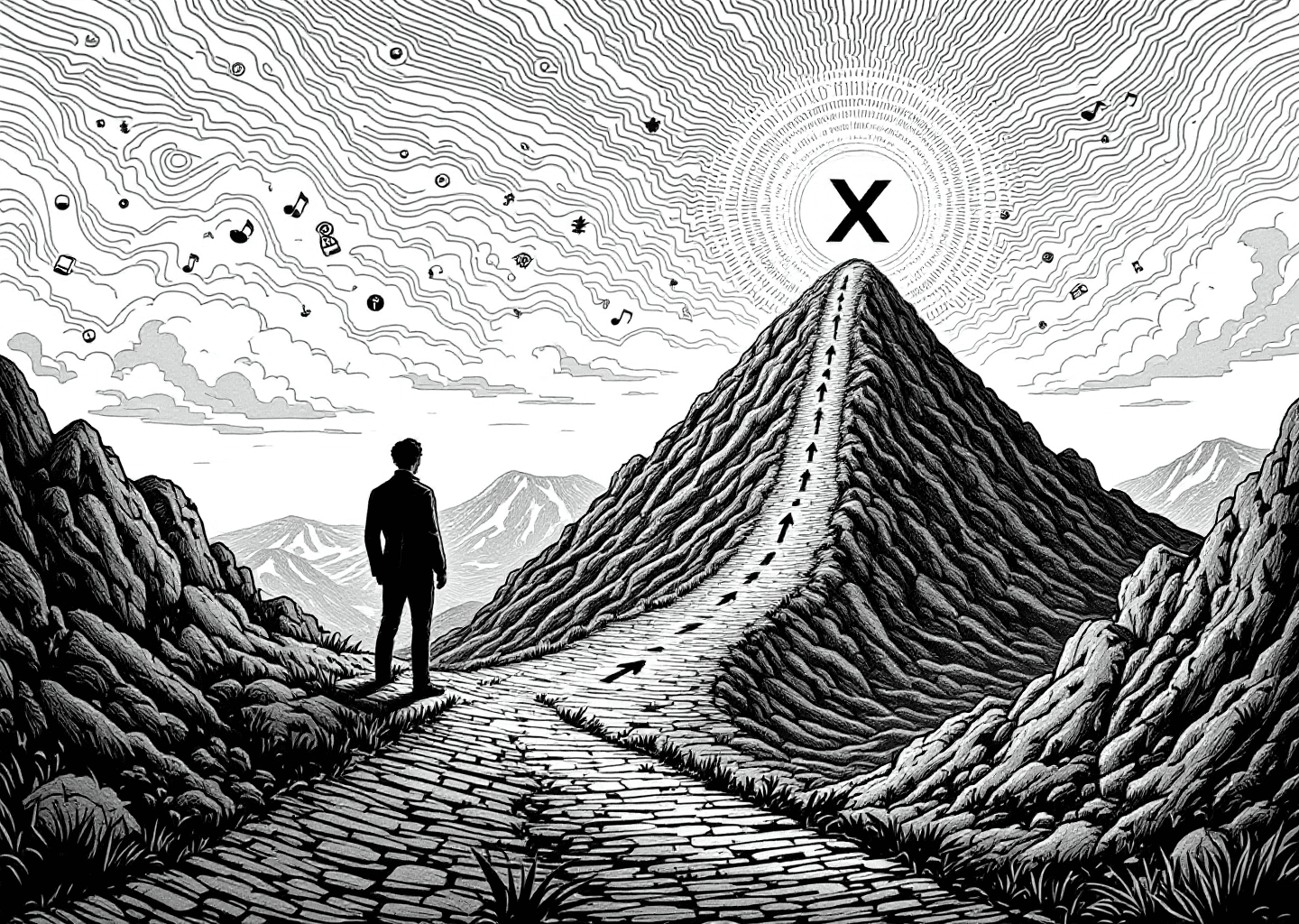 Victorian engraving style illustration of a figure standing at a crossroads. One path is wide and chaotic with random symbols (coffee cup, political icon, music note). The other path is narrow and focused, leading up a mountain marked with a large 'X' logo at the peak. The figure is looking down the narrow path. The scene is detailed with intricate line work, and subtle digital elements like neural patterns are woven into the clouds. Upward arrows are subtly engraved on the mountain path.