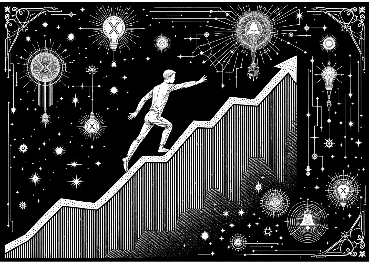 Victorian engraving style illustration of a figure climbing a steep upward-trending line graph. In the background, subtle elements of the X logo, notification bells, and neural network patterns are woven into the ornate design, symbolizing growth on the platform through AI.