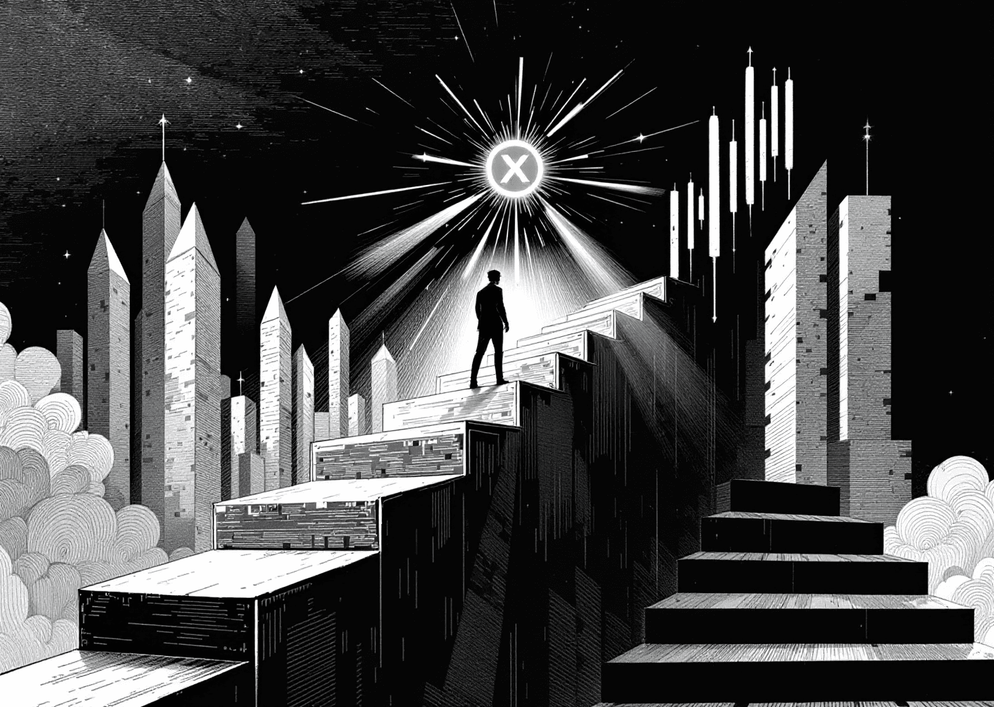 A Victorian engraving style illustration of a person ascending a staircase made of X/Twitter post timelines. At the top, a glowing X logo radiates light. Upward-pointing charts and graphs are etched into the background. The style is detailed, monochrome, with a sense of intellectual pursuit and achievement.