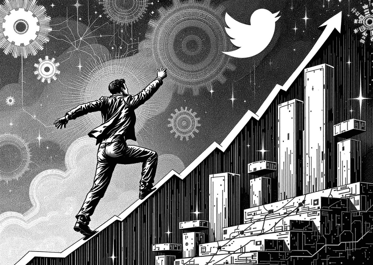 Victorian engraving style illustration. A determined figure climbs a steep upward-trending chart composed of X/Twitter timeline elements. In the background, subtle neural patterns and gears are etched, symbolizing AI-powered tools. The overall mood is one of ambition and strategic growth, without overt signs of money or ads.