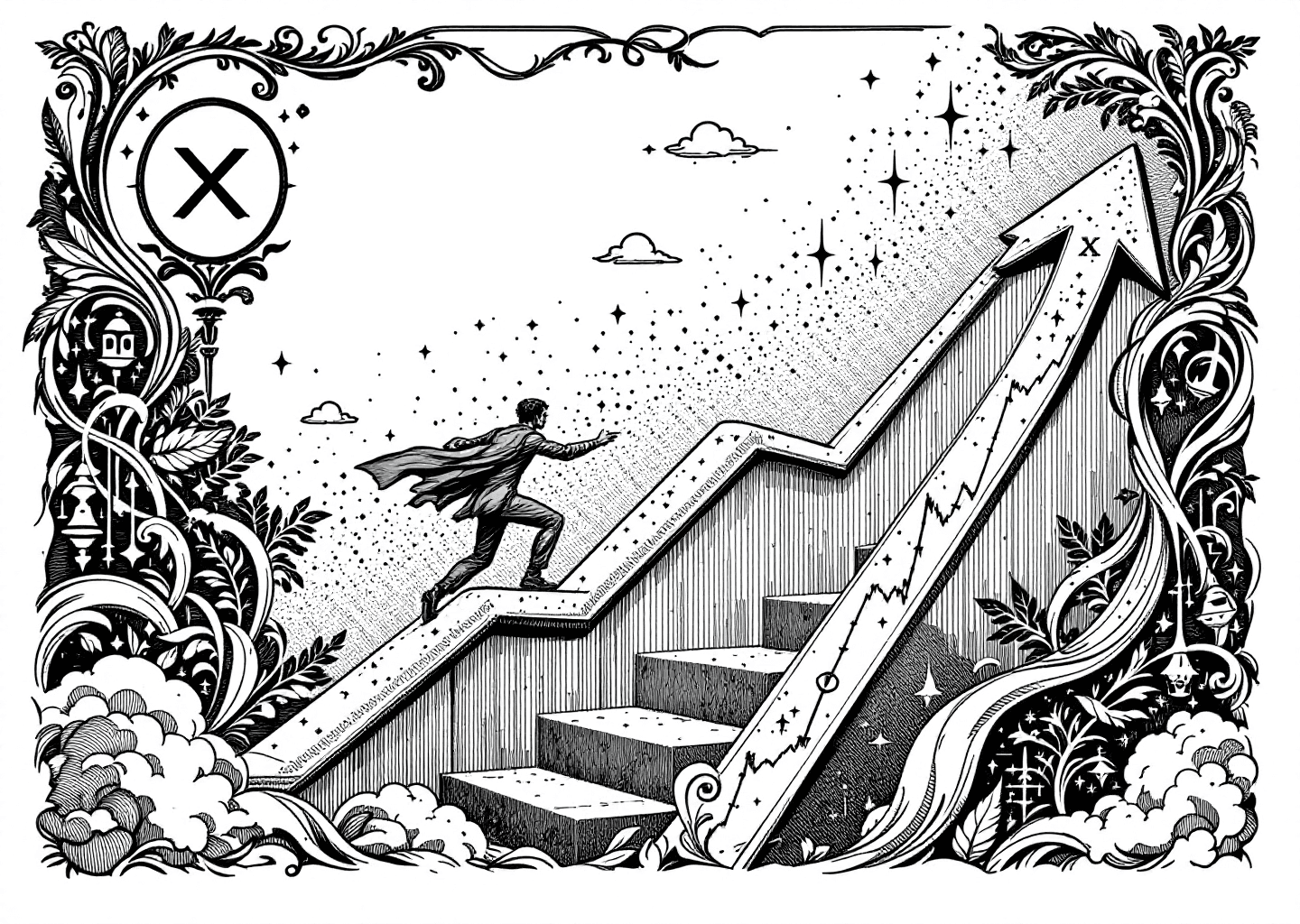 Victorian engraving style illustration of a figure climbing a steep upward chart arrow. In the background, subtle elements of the X logo, digital neural patterns, and notification bell icons are integrated into the ornate scrollwork. The style is detailed, monochromatic, and authoritative, symbolizing strategic growth on a digital platform.