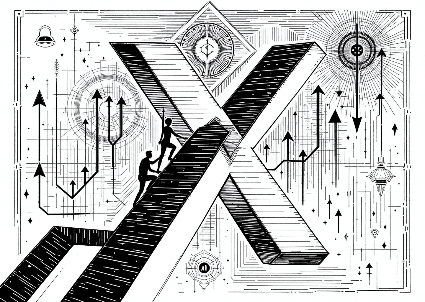 A Victorian engraving style illustration. A prominent, stylized 'X' logo is at the center. From it, upward-pointing arrows and stock chart lines emerge, signifying growth. A silhouette figure is seen climbing one of the arrows. In the background, subtle neural patterns and faint notification bell icons are etched, representing AI and engagement.