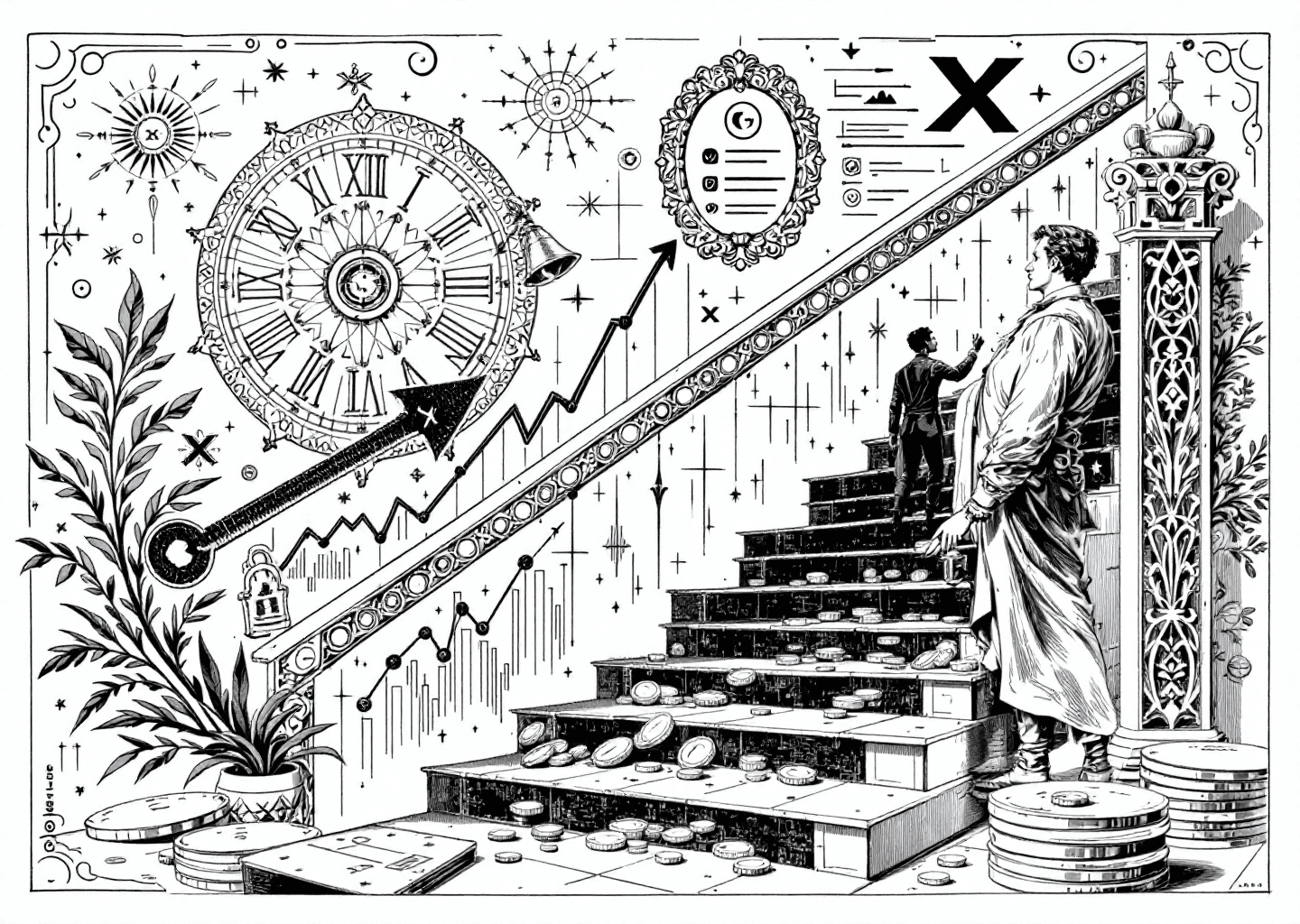 A Victorian engraving style illustration depicting a figure ascending a staircase made of coins and data charts. In the background, subtle elements of the X logo and notification bells are woven into the ornate patterns. The figure holds a key, symbolizing unlocking monetization. The overall mood is one of industrious growth and digital wealth.
