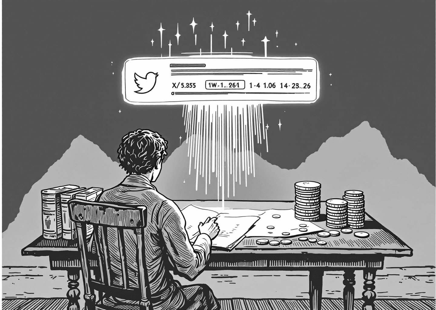 A Victorian engraving style illustration depicting a figure at an old wooden desk. Instead of a book, they are looking at a glowing, holographic X/Twitter timeline that floats above the desk. On one side of the desk, a stack of old gold coins is miraculously growing taller. In the background, a subtle upward-trending line chart is etched into the wall. The style is detailed, with fine lines and cross-hatching, in black and white.