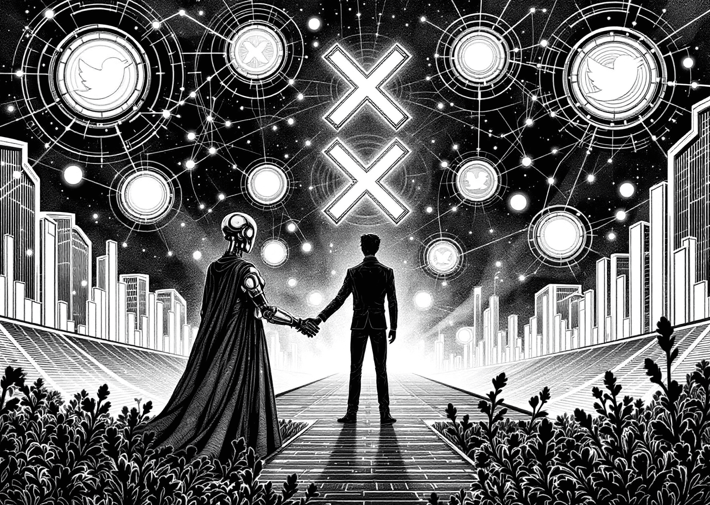 Victorian engraving style illustration of a person's silhouette standing at a crossroads of digital pathways, with glowing X/Twitter icons floating above. In the background, network graphs and upward-trending charts are subtly etched. An antique-style robotic hand is offering a handshake, blending classic and AI themes.