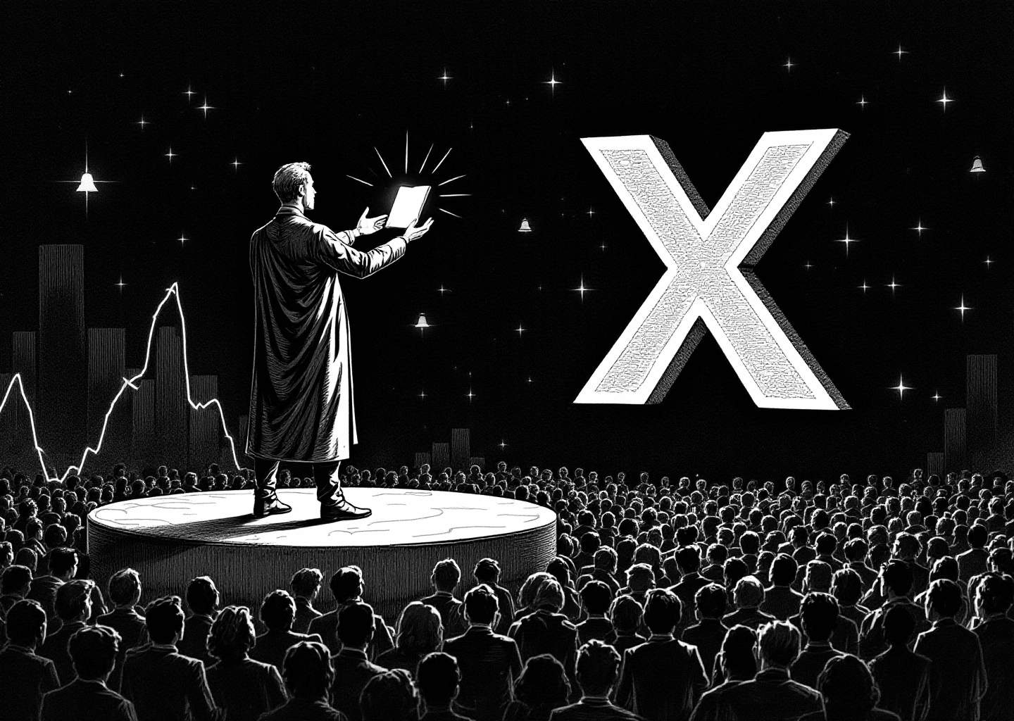 Victorian engraving style illustration of a figure standing on a platform shaped like the X logo, handing a glowing digital book to a crowd below. In the background, upward-trending charts and subtle notification bell icons are etched into the scene. The style is detailed, monochrome, with a sense of authority and commerce.