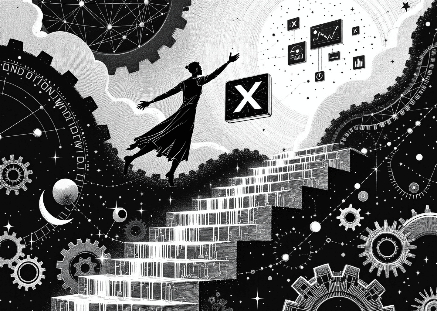 Victorian engraving style illustration of a figure ascending a staircase made of data streams. One hand holds a glowing 'X' logo, the other interacts with a floating dashboard. In the background, subtle neural network patterns and clockwork gears blend together, symbolizing AI-powered growth over time. Black and white, intricate line work.