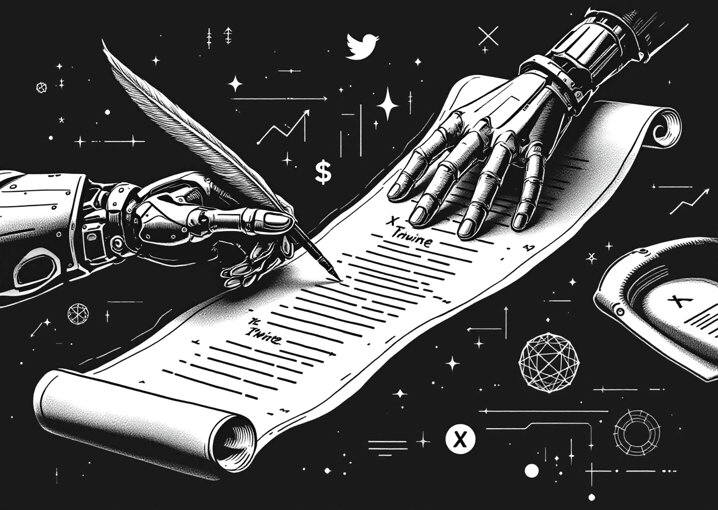 Victorian engraving style illustration of a human hand and a robotic hand co-writing with a quill on a long scroll resembling an X/Twitter timeline. In the background, subtle elements like neural network patterns, upward-trending charts, and a faint 'X' logo are etched. The style is detailed, monochromatic, and sophisticated.