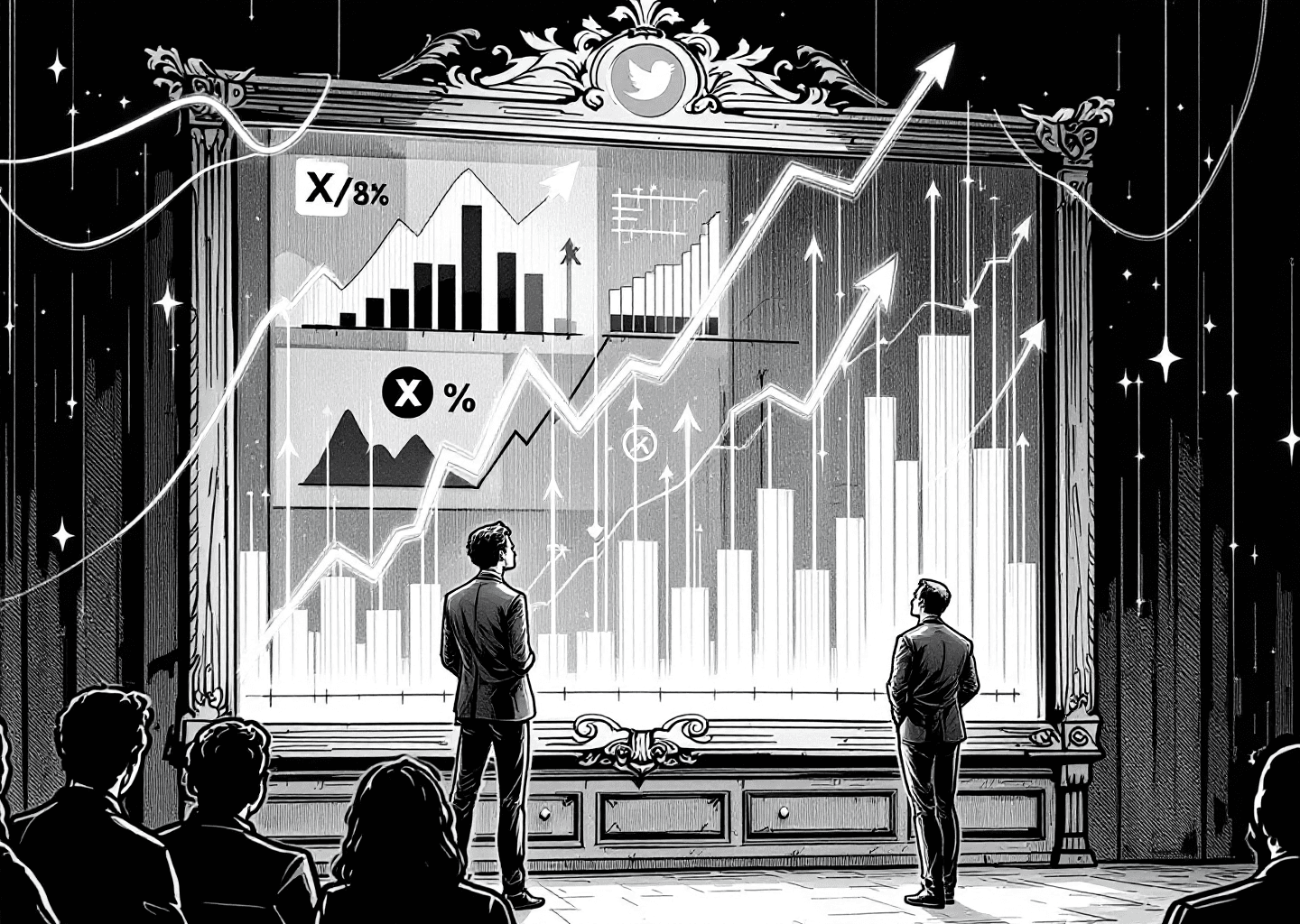 A Victorian engraving style illustration of a figure standing before a large, ornate dashboard filled with charts and graphs. The dashboard has subtle X/Twitter bird logos etched into its wooden frame. Upward-trending arrows and glowing lines of data flow from the dashboard towards the figure, who is observing them with a thoughtful expression. In the background, faint silhouettes of other people are visible, representing an audience.