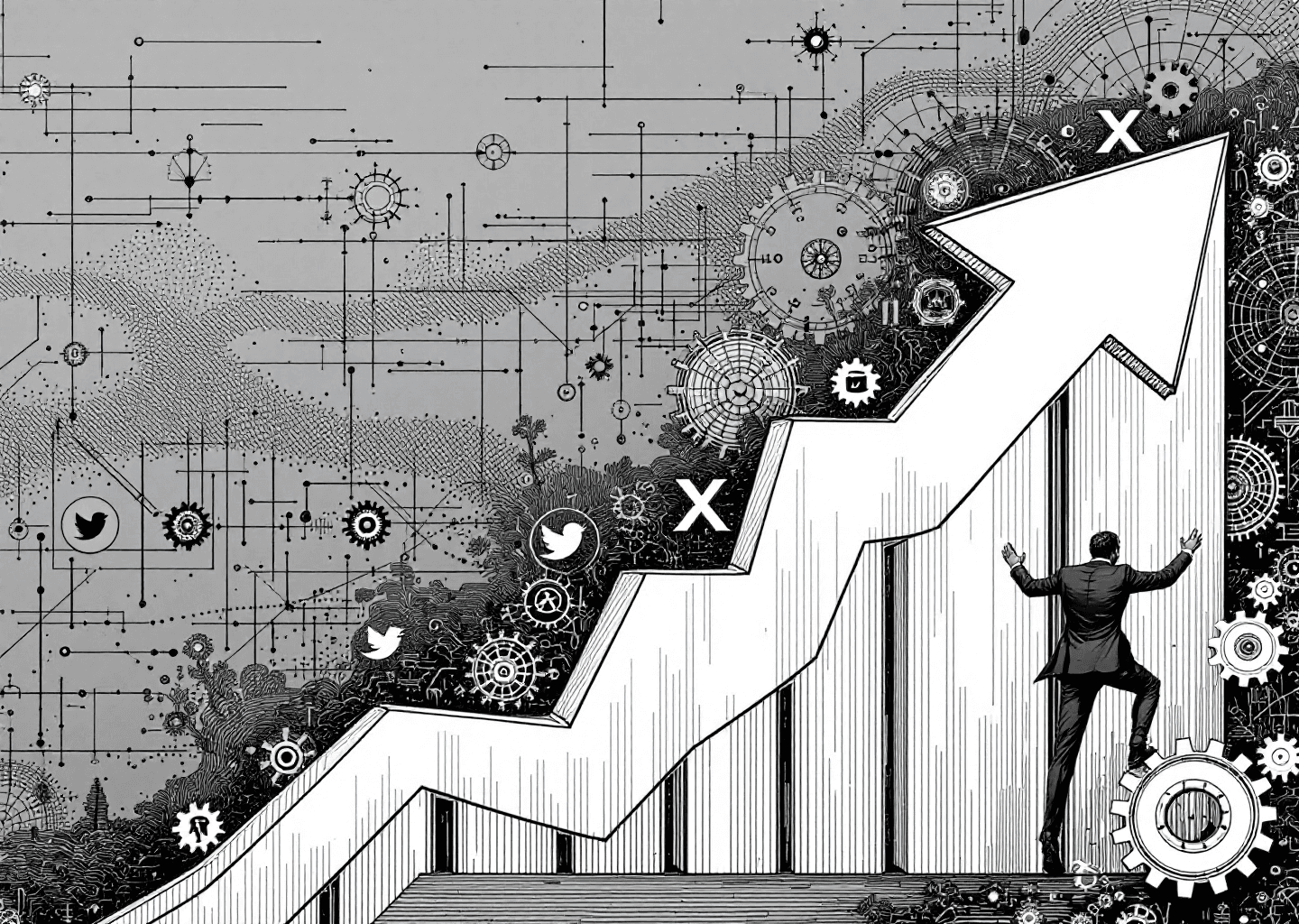 A Victorian engraving style illustration of a businessperson climbing a steep chart arrow that has X/Twitter bird logos embedded in it. In the background, subtle neural patterns and gears are visible, representing AI and systems. The style is detailed, black and white, with a serious, authoritative tone.